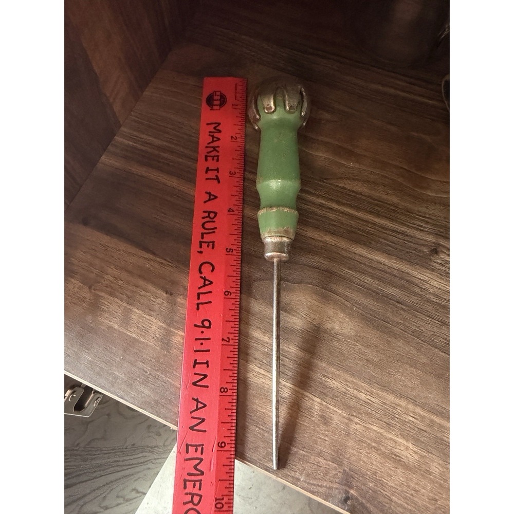 VTG Ice Pick Wooden Handle Green Paint White stripe Metal end cap